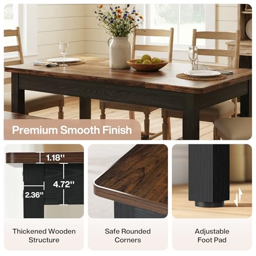 Tribesigns 55-Inch Kitchen Table Set for 4-6 People, Farmhouse Space Saving Dining Table with 2 Benches, 3 Pieces Wooden Dinette Set for Small Space, Breakfast Nook, Restaurant (Black and Brown) Tribesigns