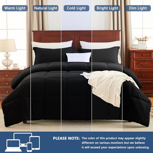 CozyLux Full Size Comforter Sets - Black Comforter Full Size, 3 Pieces Box Stitched Bed Set for All Seasons, Soft Lightweight Bedding Sets with 1 Down Alternative Comforter and 2 Pillow Shams CozyLux