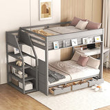 P PURLOVE Full Size Futon Bunk Bed with Storage,Full Over Full Futon Bunk Bed with Storage Staircase,Convertible Bed Frame with Bedside Table,can be Converted into Daybed P PURLOVE