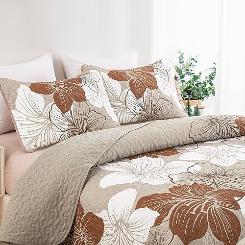 DJY 3 Pieces Quilt Set King Taupe Floral Pattern Quilt Coverlet Set Boho Floral Bedspread with 2 Pillow Shams Elegant Flower Bedding Quilt Set for All Season (Brown, 104"x 90") DJY