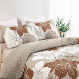 DJY 3 Pieces Quilt Set King Taupe Floral Pattern Quilt Coverlet Set Boho Floral Bedspread with 2 Pillow Shams Elegant Flower Bedding Quilt Set for All Season (Brown, 104"x 90") DJY