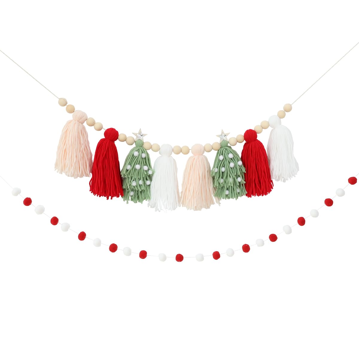 Christmas Tassel Garland Banner with Wood Beads and Pom Pom Garlands Wall Hanging Home Decor for Christmas