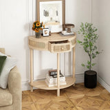 RowyPoey Rattan Half Moon Console Table-Modern Small Entryway Table with Rattan Drawer and Storage Shelf, Boho Farmhouse Wood Sofa Table for Living Room Hallway Foyer Sofa Side, Natural RowyPoey