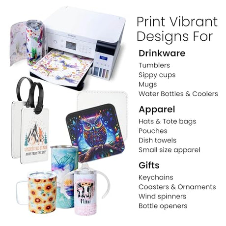Epson Surecolor F170 Sublimation Blank Bundle – Printer with CMYK Ink Set, Tumbler & Flat Blanks Starter Kit, Sublimation Paper, Heat Tape & Design Pack – Perfect for Beginners & Small Business makerflo