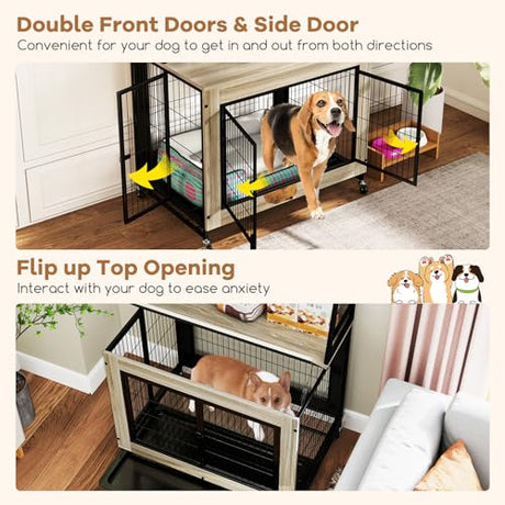 Giantex Dog Crate Furniture with Storage Shelves, 38" Furniture Style Indoor Dog Kennel on Wheels, 3 Doors, Flip Top Lid, Removable Pull-Out Tray, Dog Cage Pet House for Large Dogs, Oak Gray Giantex