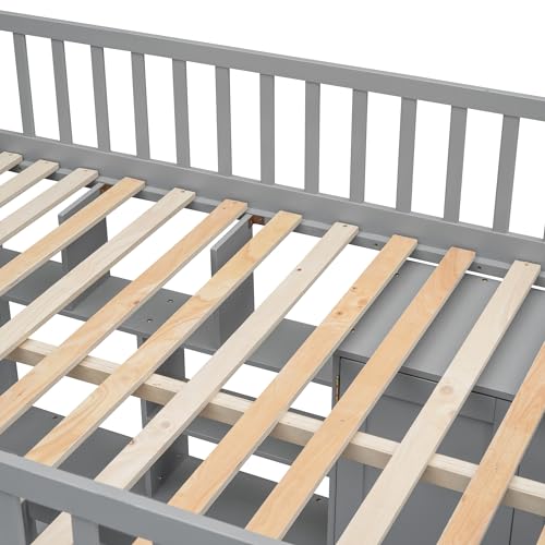Ball & Cast Full Size Loft Bed with Storage Ladder and Bookshelf,Wooden Bedframe w/Drawers & Wardrobe,Desk,Full-Length Guard Rail,Space Saving,Bedroom Furniture for Student Dorms,Gray Ball & Cast