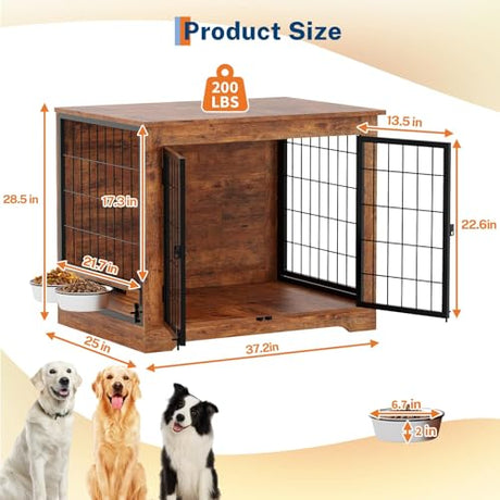 Dog Crate Furniture, 38" Double Doors Indoor Decor Pet House Cage, Wooden Dog Kennel with 360°& Adjustable Raised Dog Bowls,Indoor Pet End Tables with Storage Platform for Large/Medium Dog Garvee