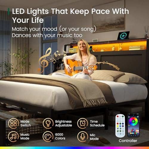 LARMACE King Size Bed Frame with Storage Drawers and Ergonomic Headboard,2-Tier Hidden Storage,Wooden Platform Bed Frame with Charging Station and LED Lights,No Box Spring Needed,Easy Assembly,Black LARMACE