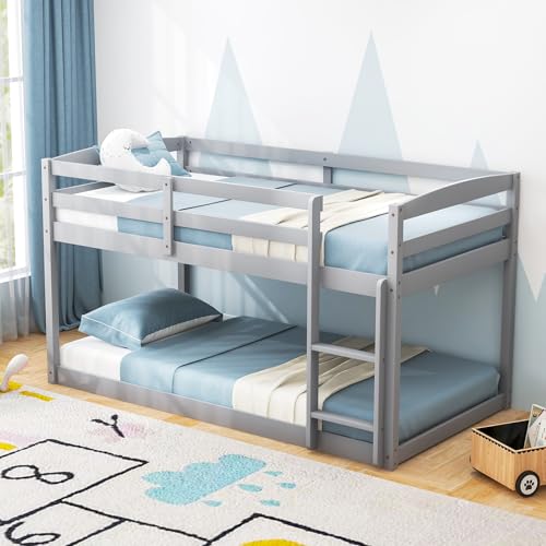 KOMFOTT Low Bunk Bed Twin Over Twin, Solid Wood Bunk Bed Frame with Built-in Ladder & Safety Guardrails, Space-Saving Low Bunk Bed for Kids, Teens, No Box Spring Needed KOMFOTT