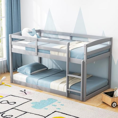 KOMFOTT Low Bunk Bed Twin Over Twin, Solid Wood Bunk Bed Frame with Built-in Ladder & Safety Guardrails, Space-Saving Low Bunk Bed for Kids, Teens, No Box Spring Needed KOMFOTT