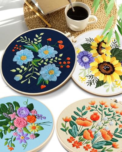 TINDTOP 4 Sets Embroidery Kit for Adults, Floral Embroidery Practice Kit for Beginners Include Embroidery Cloth Hoops Threads for Craft Lover Hand Stitch with Embroidery Skill Techniques TINDTOP