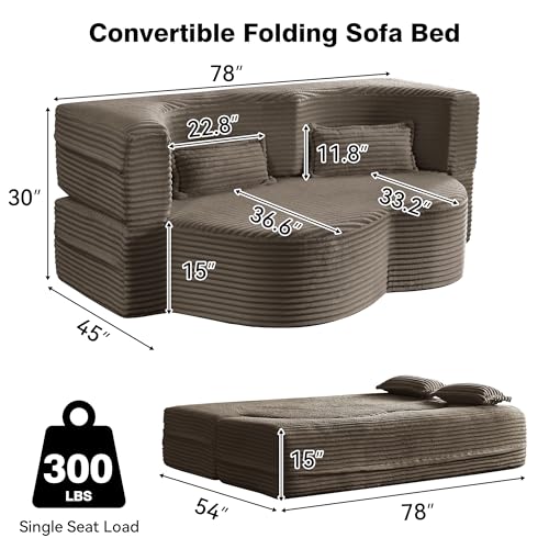 78" Full Size Convertible Futon Sofa Bed, Plush Corduroy Folding Sleeper Sofa Bed with Pillow, Foam Mattress Futon Loveseat Couch, No Assembly Floor Couches for Living Room, Playroom, Apartment, Brown extrasleep