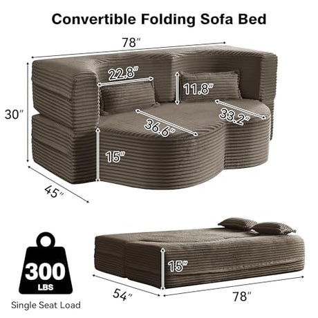 78" Full Size Convertible Futon Sofa Bed, Plush Corduroy Folding Sleeper Sofa Bed with Pillow, Foam Mattress Futon Loveseat Couch, No Assembly Floor Couches for Living Room, Playroom, Apartment, Brown extrasleep