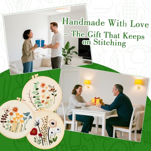 RAINFLOW Embroidery Kit for Beginners 3 Sets Stamped Cross Stitch Kits,Needle Point Kits Adults Beginner with Stamped Easy Flowers Plant Patterns,DIY Needlework Mothers Day Gifts for Adults Women