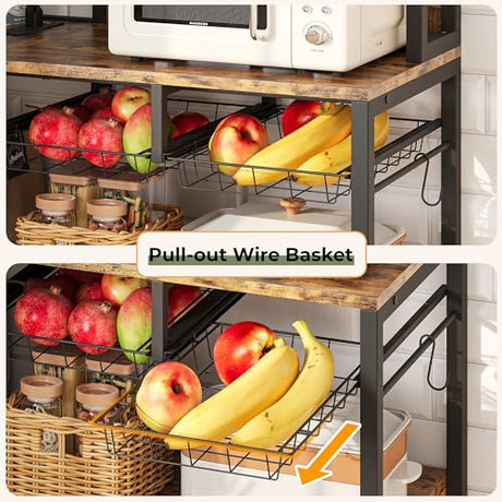 IRONCK Corner Bakers Rack with Power Outlet, Coffee Bar 6 Tier with Storage Cabinet, Vintage Industrial Microwave Stand with 6 Hooks, Kitchen Shelves with Wire Basket, Rustic Brown IRONCK