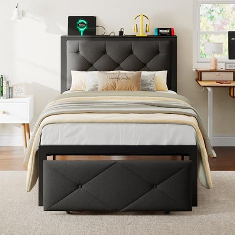 iPormis Twin Bed Frame with Storage Drawers, Linen Upholstered Headboard Platform Bed with Charging Station, No Box Spring Needed, Metal Slats Support, Noise-Free, Easy Assembly, Black iPormis