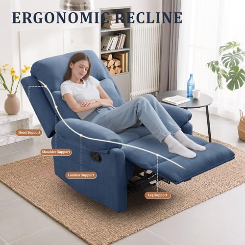 Korser Recliner Chair, Manual Recliner for Adults with Side Pocket, Small Recliners for Small Spaces, Adjustable Comfy Overstuffed Corduroy Reclining Chairs for Living Room, Reading, Bedroom, Blue