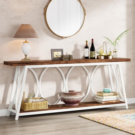 Tribesigns 70.9 inch Extra Long Console Table, Industrial Sofa Table Behind Couch with 2 Tier Storage Shelf, Narrow Entryway Hallway Accent Table for Living Room, White & Brown Tribesigns