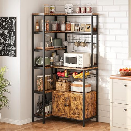 IRONCK Corner Bakers Rack with Power Outlet, Coffee Bar 6 Tier with Storage Cabinet, Vintage Industrial Microwave Stand with 6 Hooks, Kitchen Shelves with Wire Basket, Rustic Brown IRONCK