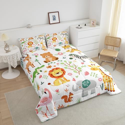 Feelyou Twin Size Cartoon Lions Giraffe Comforter Set Zoo Animals Bedding Set Flamingo Zebra Comforter for Kids Boys Girls Kawaii Animals Duvet Insert 2Pcs Feelyou