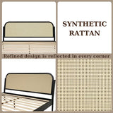 Bme Aurelia Black Solid Wood Bed Frame with Rattan Headboard - Bohemian & Mid Century Modern Style Bme