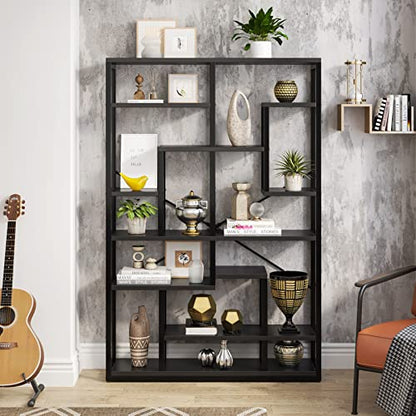 Tribesigns 47” Black 9-Tier Rustic Geometric Bookshelf – Industrial Wood and Metal Display Shelf for Living Room and Office - WoodArtSupply