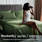 Revdomfly 4 Pcs Queen Size Luxury Silky Soft Olive Green Satin Sheet Set,1 Premium Moisture Wicking Fitted Sheet Fits Up to 16 Inches Deep Pocket + 1 Flat Sheet + 2 Pillowcases（Olive Green, Queen） Revdomfly