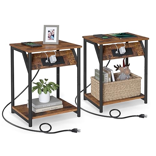 VASAGLE End Table with Charging Station, Set of 2, Small Side Tables for Living Room, Bedroom, Nightstand with Outlets and USB Ports, Bedside Table with Storage Shelf, Rustic Brown and Black - WoodArtSupply