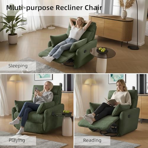 Swivel Recliner Chair for Adults, Corduroy Nursery Glider Rocking Chair, Armchair with 2 Pillows, Comfy High Back Reclining for Small Spaces, Nursery Bedroom Living Room (Corduroy Green, 1 Pack)