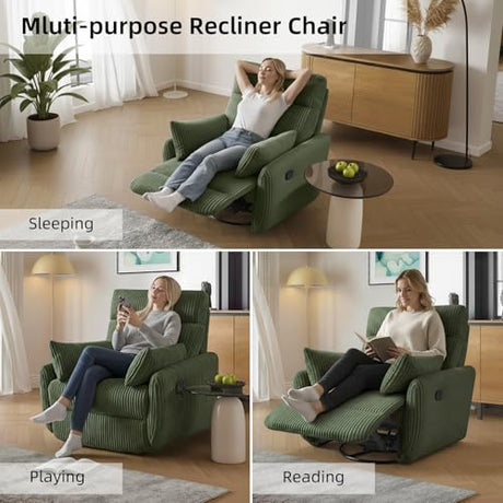 Swivel Recliner Chair for Adults, Corduroy Nursery Glider Rocking Chair, Armchair with 2 Pillows, Comfy High Back Reclining for Small Spaces, Nursery Bedroom Living Room (Corduroy Green, 1 Pack) UNUQLIVCO