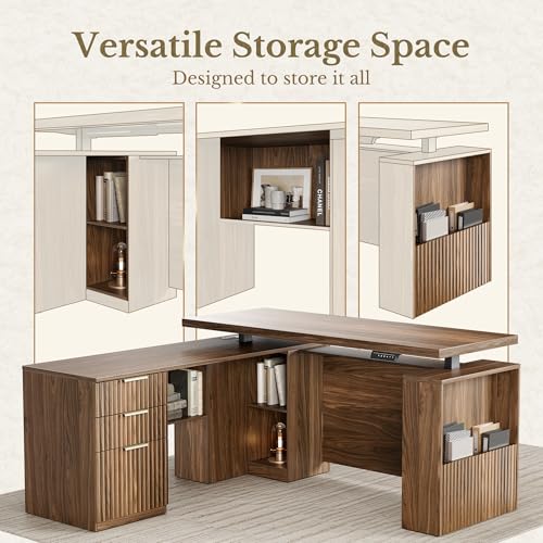 Perledesign 63 Inches L Shaped Electric Standing Desk, Executive Height Adjustable Desk with Drawers and File Cabinet, AC/USB, 1.18" Desktop and Privacy Panel for Home Office, Black Walnut Perledesign