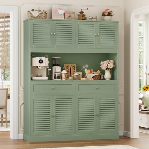 HIFIT 71" Hx55''W Large Kitchen Hutch Storage Cabinet, Farmhouse Coffee Bar Hutch with Microwave Stand, Tall Kitchen Pantry Cabinet with Louvered Doors, 2 Cable Holes, 2 Drawers, Green HIFIT