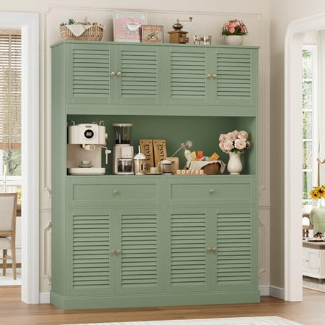 HIFIT 71" Hx55''W Large Kitchen Hutch Storage Cabinet, Farmhouse Coffee Bar Hutch with Microwave Stand, Tall Kitchen Pantry Cabinet with Louvered Doors, 2 Cable Holes, 2 Drawers, Green HIFIT
