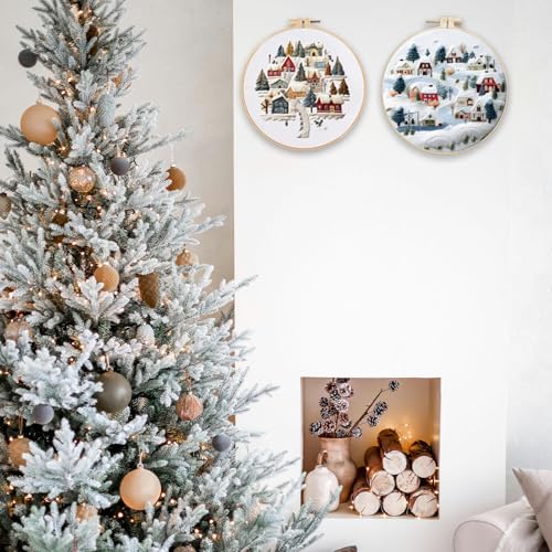 FONNUY Crewel Christmas Embroidery Kit for Beginners, Cross Stitch Set Winter Snow Scene Pine Owl Pattern for Adults, Easy to Follow Color Thread Needlework, 8'' Hoop (Snow Village)