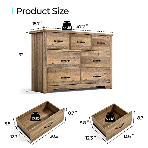 LINSY HOME 7 Drawers Dresser for Bedroom, Wood Bedroom Dresser Modern Drawer Chest, 7 Chest of Drawer, Tall Dresser for Closet, Dressers Organizer for Living Room, Closet, Hallway