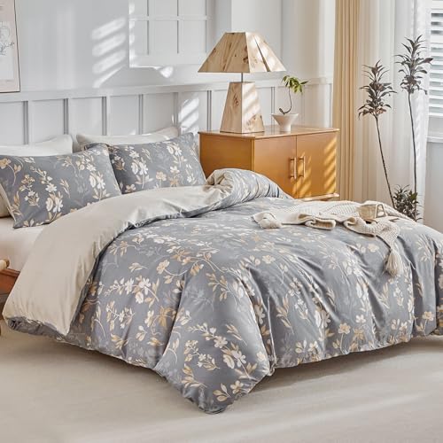 Lekesky Queen Duvet Cover Set, Gold Floral Duvet Cover Queen Size, 3 Pieces Grey Bedding Sets with Zipper, Ultra Soft Microfiber Reversible Queen Size Comforter Cover with 2 Pillowcases 20"x26" Lekesky