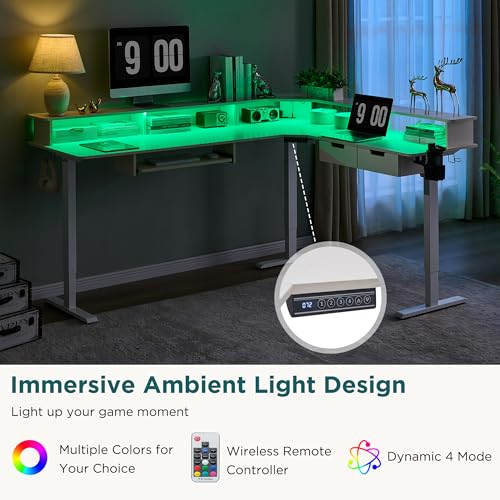 RedLemon 75X60 Inches L Shaped Electric Standing Desk, Height Adjustable Corner Gaming Desk with Drawers, Keyboard Tray, Power Outlets & LED Lights, Computer Desk with Monitor Shelf, Antique White RedLemon