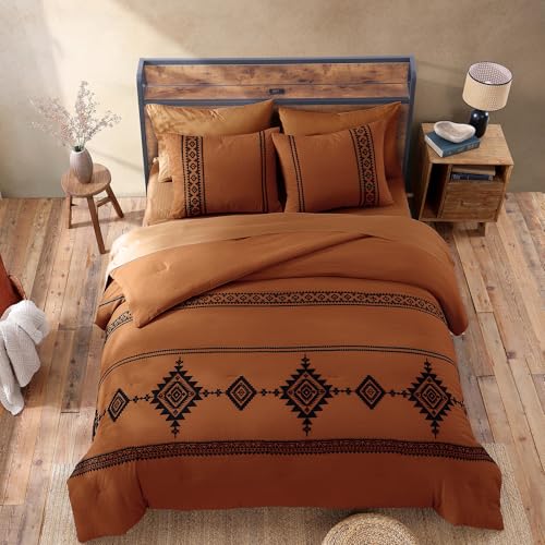 MaiRêve Embroidery Comforter Set, Boho Farmhouse Western Bedding Set, All Season Bed in A Bag Comforter Set with Sheets, Pillowcases & Shams, Burnt Orange King 7 Pieces MaiRêve