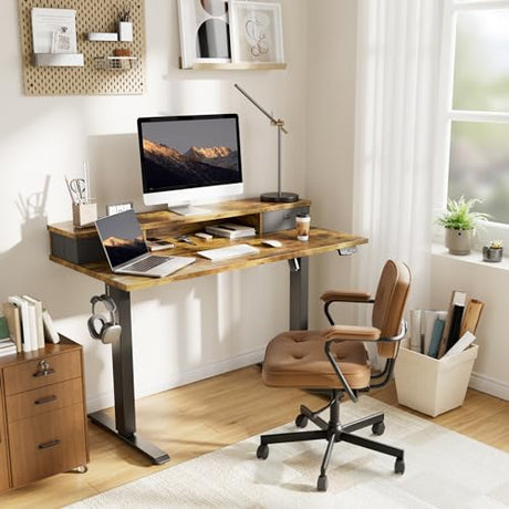 Agilestic 55 x 24 Inches Height Adjustable Electric Standing Desk with 2 Drawers, Stand Up Electric Desk Adjustable Height, Sit Stand Computer Gaming Table with Splice Board, Rustic Brown Agilestic