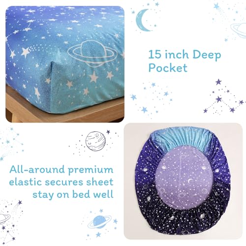 JSD Gradient Blue Moon Stars Kids Sheet Set Twin Size, 3 Piece Space Theme Microfiber Sheets Deep Pocket JSD