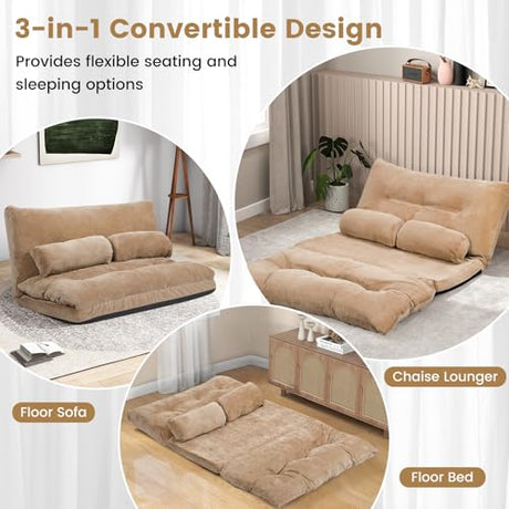 KOMFOTT Foldable Floor Lazy Sofa with 2 Pillows, 6-Position Adjustable Reclining Sofa Sleeper Bed, Convertible Futon Couch Bed, Floor Couch Lounge for Relaxing, Reading, Playing, Gaming (Coffee) KOMFOTT