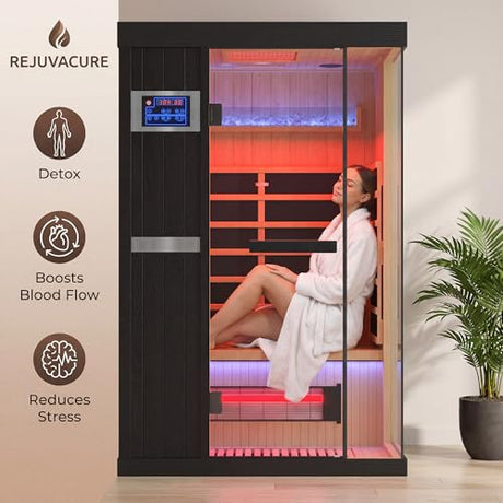 QUYZE 1-2 Person Ultra Low EMF Infrared Sauna, Indoor Wood Sauna with Red Light Therapy & Bluetooth Speakers, Hemlock Home Saun Room/w Control Panel and Tempered Glass Door for Home (Black) QUYZE