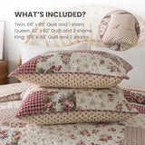 SLPR Country Roses Patchwork Cotton Pieced Quilt Set - Twin Size with 1 Sham, French Country Style Floral Bedding, Red Rose Farmhouse Quilted Bedspread with Flower Pattern SLPR