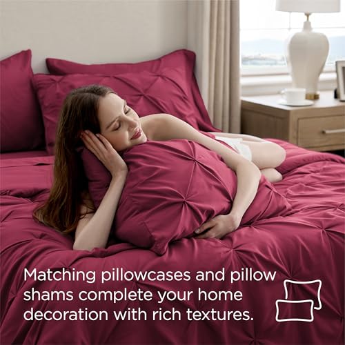 Bedsure Full Comforter Set Dark Red - Bed in a Bag Full Size Bedding Set 7 Pieces, GentleSoft™ Pintuck Bed Set Gift for Family, Pinch Pleat All Season Comforter with Sheets, Pillowcases & Shams Bedsure