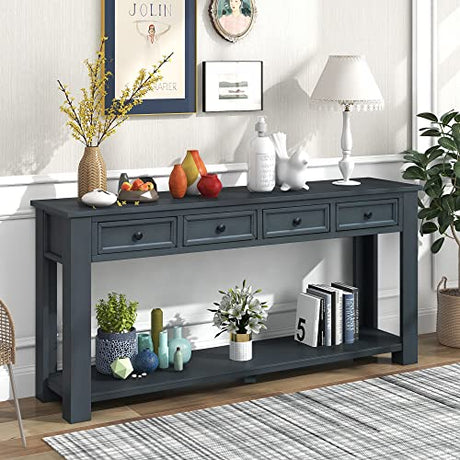 Knocbel Console Table with 4 Storage Drawers Bottom Shelf, Rustic Distressed Sofa Table for Entryway Hallway, Assembly Required, 63" W x 14" D x 30" H, Navy Knocbel