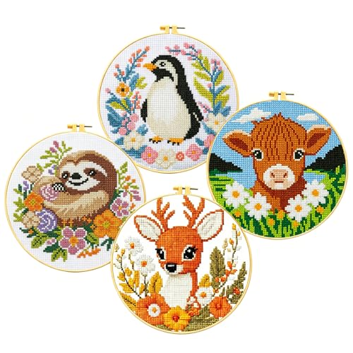 Zhenqing 4-Piece Animal Cross Stitch Kit for Beginners - Complete Set with Pre-Printed 11CT 24x24cm Fabric, Hoop & Tools (Penguin, Sloth, Cow, Deer Designs)(70405)