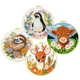Zhenqing 4-Piece Animal Cross Stitch Kit for Beginners - Complete Set with Pre-Printed 11CT 24x24cm Fabric, Hoop & Tools (Penguin, Sloth, Cow, Deer Designs)(70405)