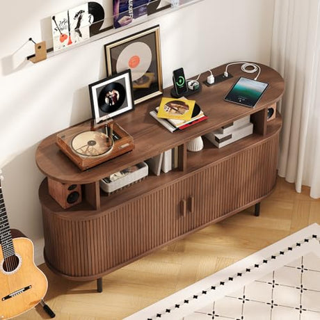 55" Large Round Record Player Stand with Charging Station, Vinyl Record Storage Cabinet, Mid Century Modern Turntable Stand with Open Shelves Holder for Bedroom Living Room, Sliding Doors (Walnut) ONBRILL