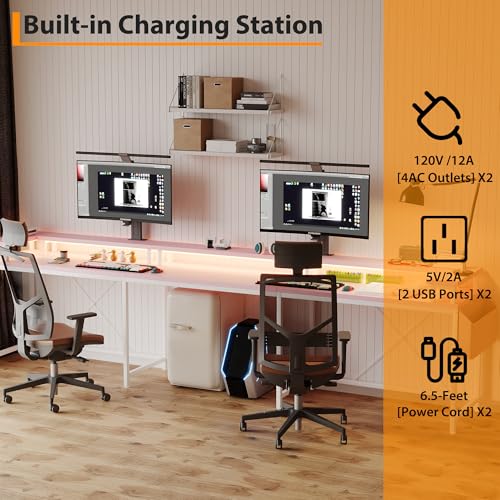 FinerFurnis U-Shaped Gaming Desk with Power Outlets & LED Lights - Reversible L-Shaped Computer Desk for Home Office | Large Corner PC Table with Monitor Stand & Storage Shelves, Pink FinerFurnis