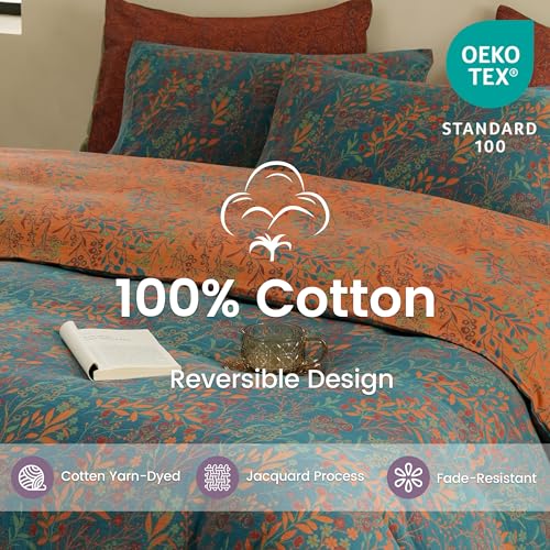 BISELINA 100% Cotton Muslin Duvet Cover Set Queen, 3 Pcs Yarn-Dyed Jacquard Textured Reversible Floral Design, Soft and Breathable Bedding Set with Zipper Closure, Blue Orange BISELINA